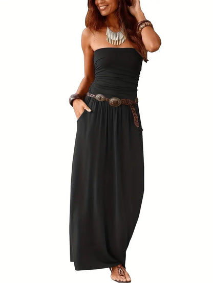 Vintage effen kleur veelzijdige strapless maxi-jurk met zakken