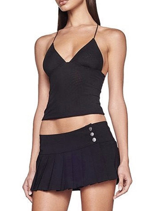 Black Mesh Butterfly Embroidery Backless Halter Vest