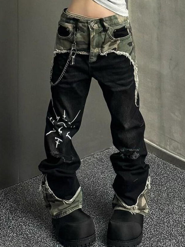 Black Vintage Camouflage Patchwork Flare Jeans