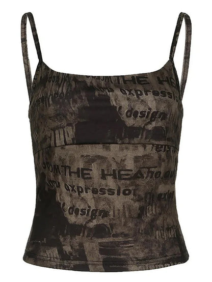 Bruine vintage slanke cami-top met letterprint