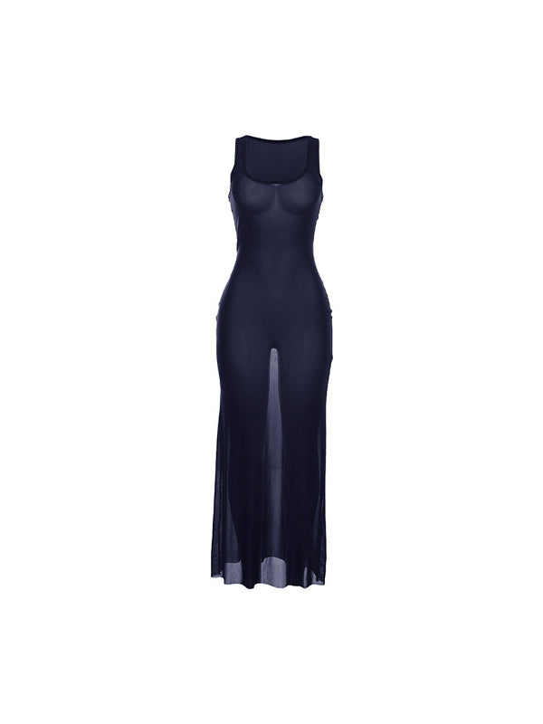 Blue Y2k See Through Mesh Holiday Maxi Dress