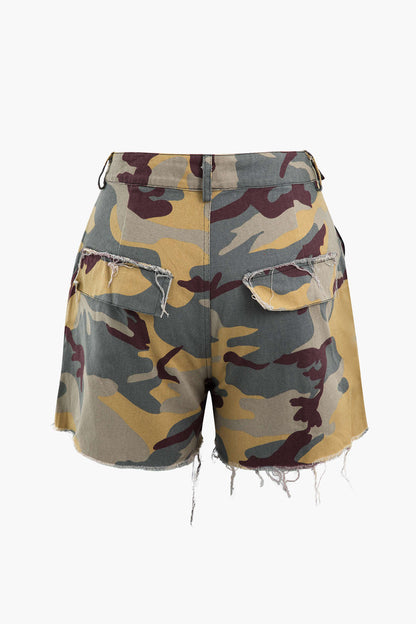 Retro Camo vernietigde cargoshort met knoopsluiting