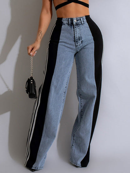 Black 2000s Wide Leg Denim Trousers with Three Stripes