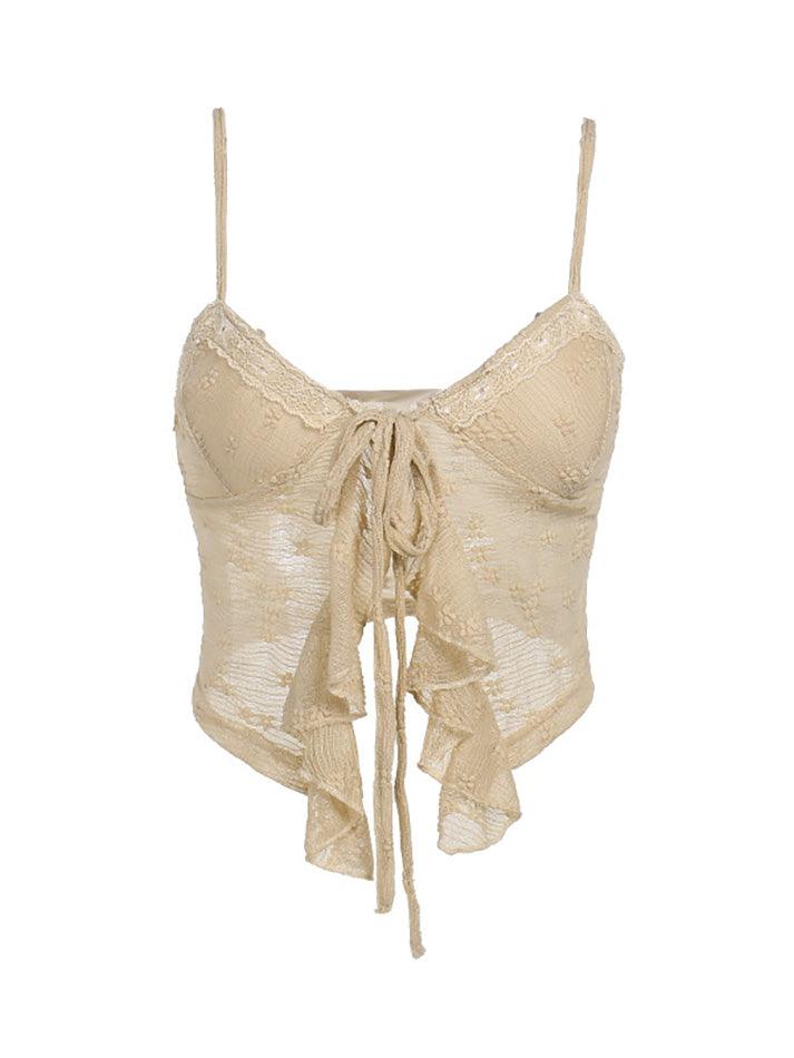 Beige Y2K kanten geknoopte gebreide crop top met ruches en zoom