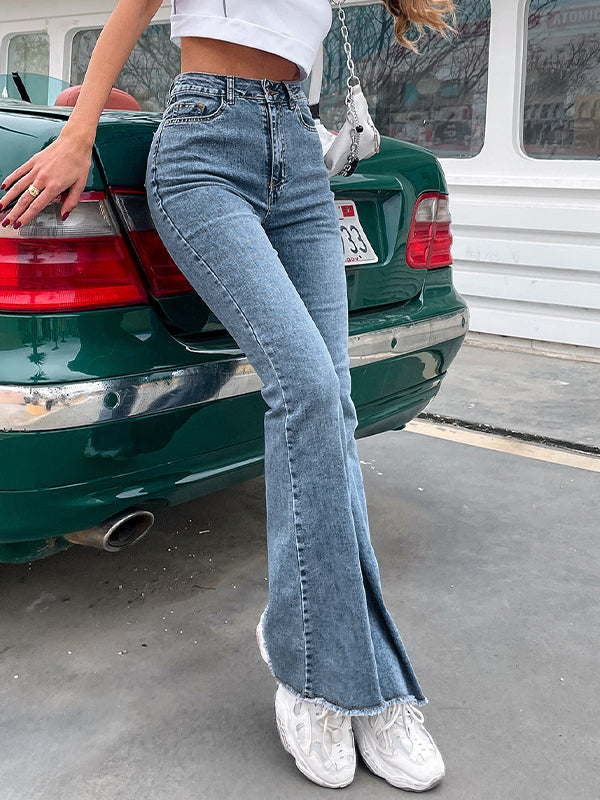 JY blauwe vintage gewassen stretchy flare jeans met hoge taille