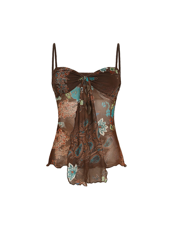 Brown Y2k V Neck Mesh Cami Top