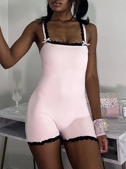 Zwarte Y2K effen bodysuit-top met spaghettibandjes en kanten rand