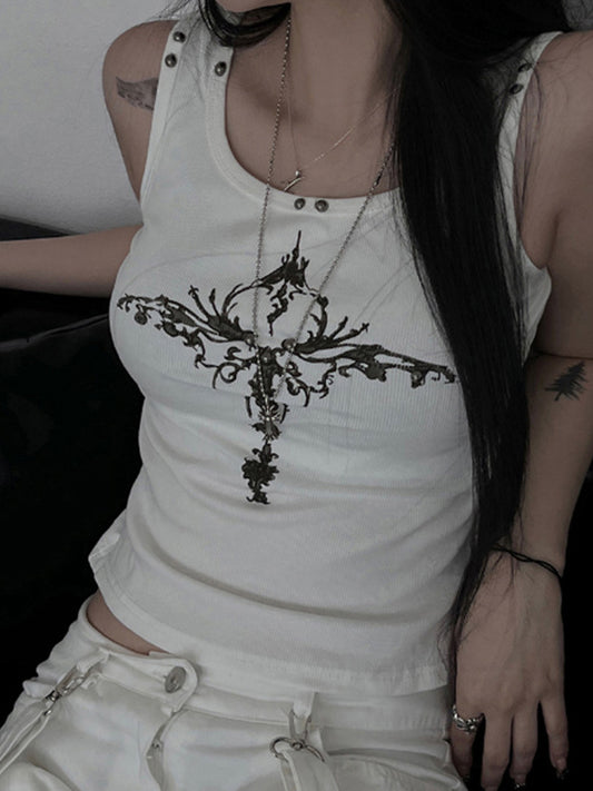 White Gothic Print Rivet Tank Top