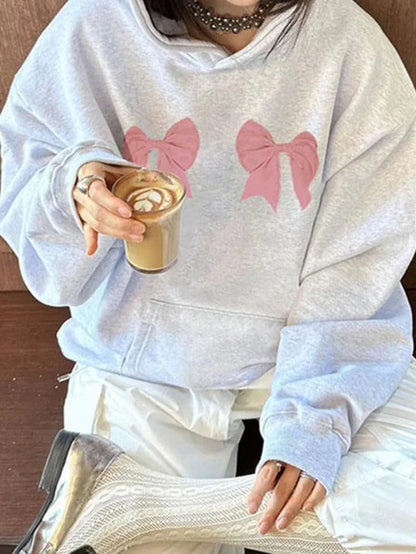 Gray Y2K Oversized Bow Print Drawstring Hoodie