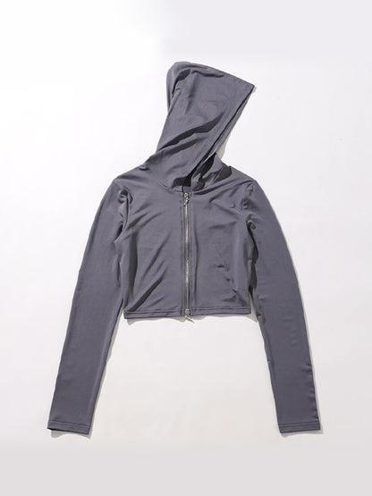 Grey Hip Pop Hooded Zip Up Short Long Sleeve Tee