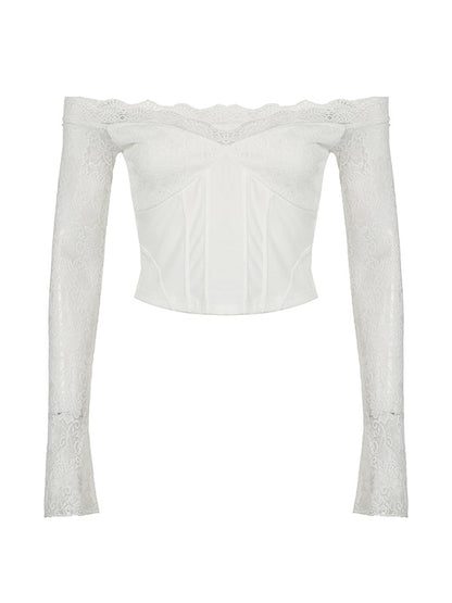 White Vintage Off The Shoulder Lace Long Sleeve Tee