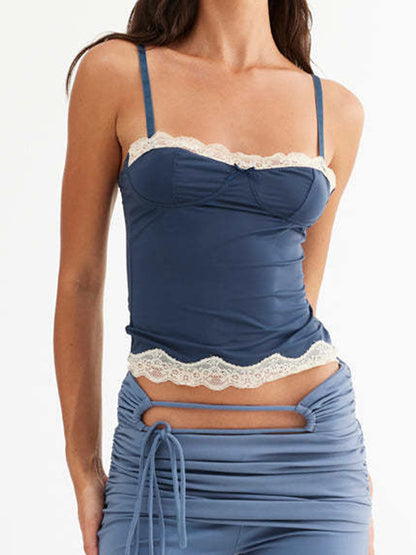 Blauwe vintage cami-top met kanten rand