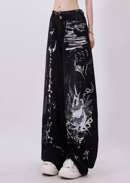 Zwarte grunge graffiti print baggy jeans