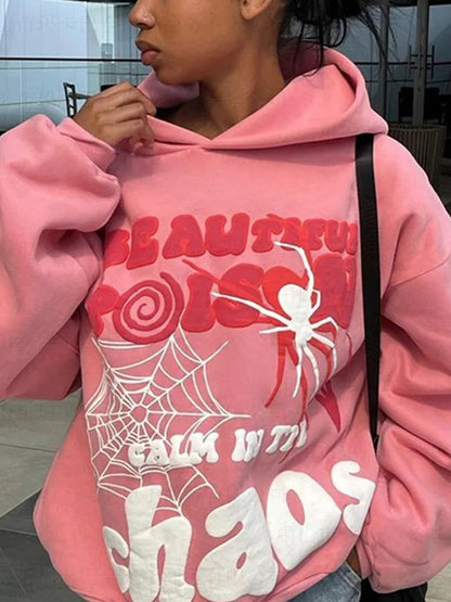 Pink Vintage Hip Pop Letter Spider Web Print Oversized Hoodie