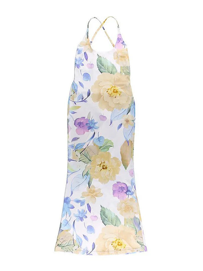 Vintage Floral Print Midi Bodycon Dress with Spaghetti Strap