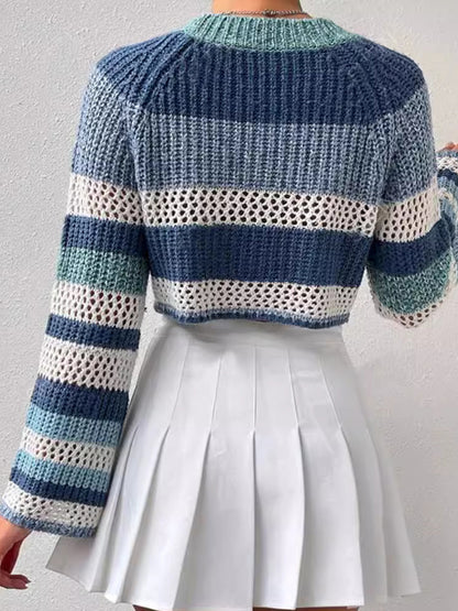 Blue 2000s Stripe Print Oversized Sweaters