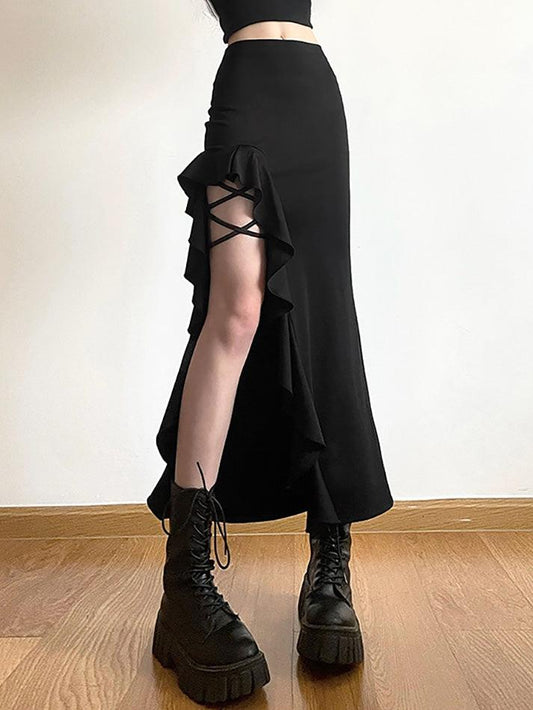 Black Punk High Waist Irregular Split Goth Skirt