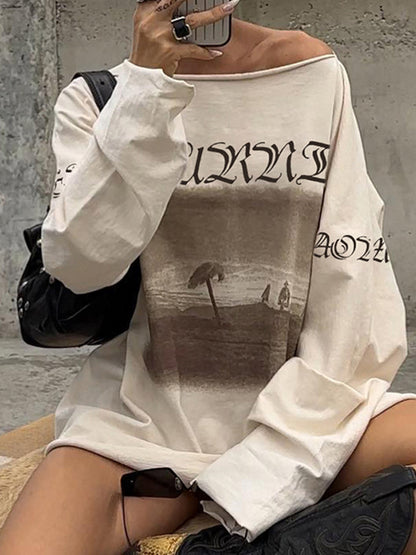 Vintage Oversized Print One Shoulder Long Sleeve Tee