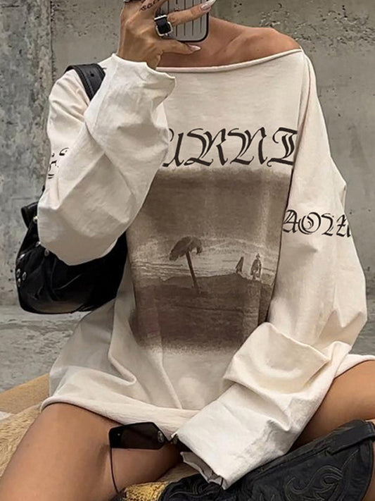 Vintage oversized print een schouder lange mouw t-shirt