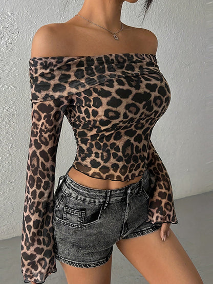 Y2k One Shoulder Leopard Print Long Sleeve Tee