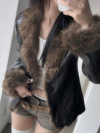 Black American Style Fur Collar Patchwork Leather Jacket