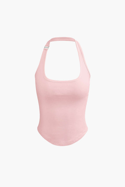 Effen kleur Y2K halter tanktop met gebogen zoom