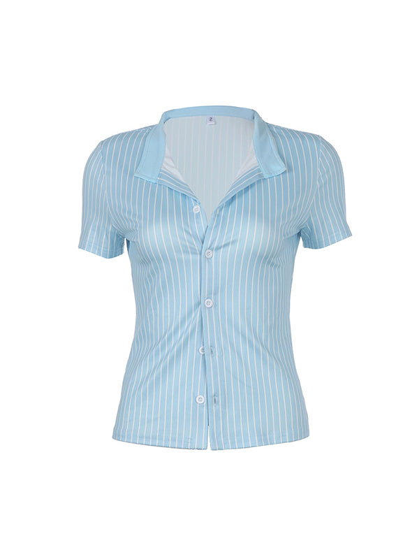 Blue Vintage Striped Slim Fit Short Sleeves Shirts