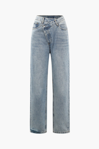 Blauwe vintage jeans met asymmetrische taille en rechte pijpen