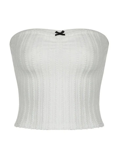 Witte Franse getextureerde bandeau-top met strik