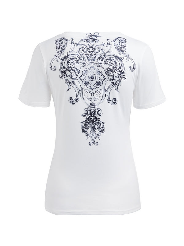 White Vintage Gothic Rhinestone Print Short Sleeve Tee