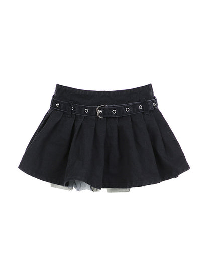 Mini-jupes double épaisseur en denim noir avec ceinture