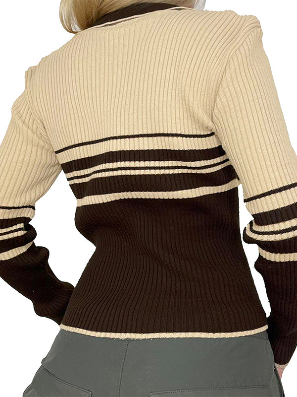 Brown Vintage Striped Patchwork Lapel Cardigan