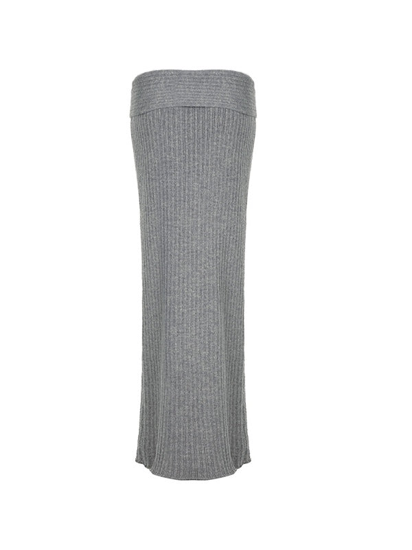 Grey Vintage Turned Waist Low Rise Maxi Skirt