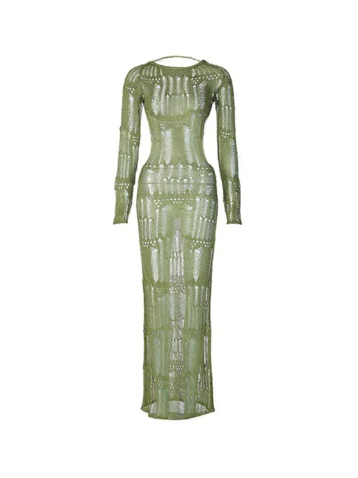 JY Groene Vintage Backless Uitsnijding Perspectief Maxi-jurk