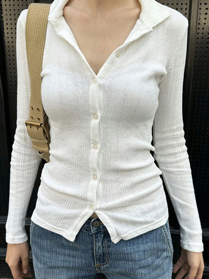 White Vintage Jacquard Lapel Buttoned Casual Cardigan