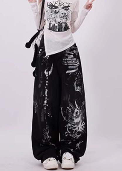 Black Grunge Graffiti Print Baggy Jeans