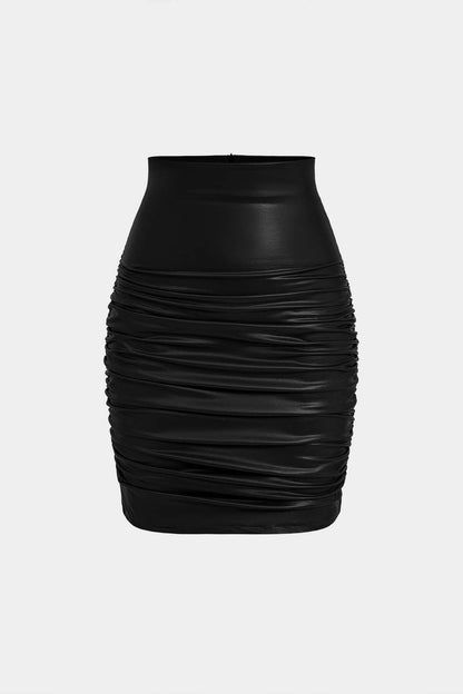 Solid Color Y2k Faux Leather Ruched Skirt