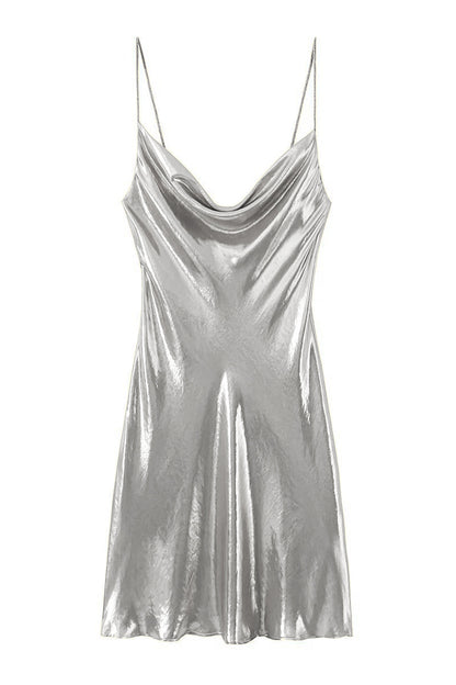 Y2k Metallic Slip Mini Jurk met Kaphals