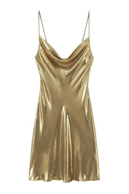 Y2k Metallic Slip Mini Jurk met Kaphals