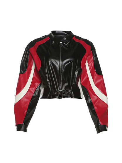 Red Y2k Motorcycle Slim Fit Crew Neck Jacket