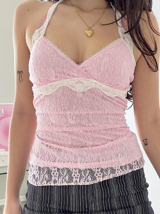 Pink Sweet Lace V Neck Tank Top