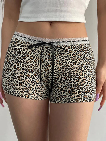 Punk Low Rise Leopard Print Shorts with Lace Trim