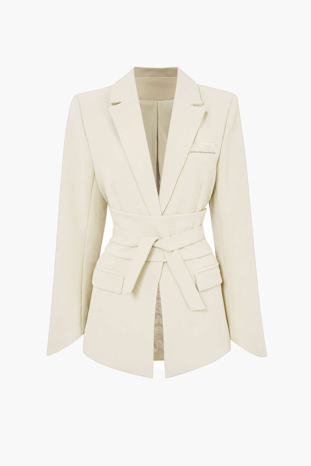 Solid Color Basic Notched Lapel Belted Blazer