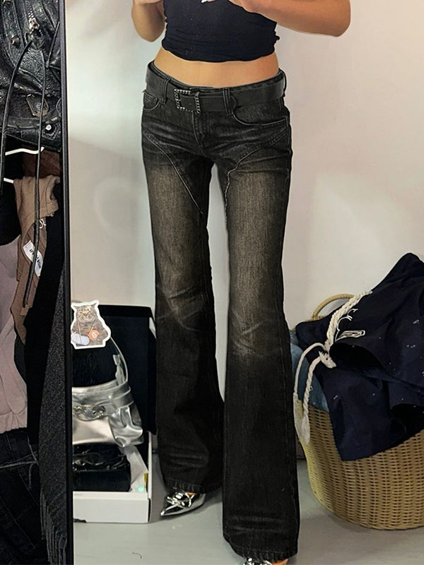 JY Donkere vintage gesplitste flare-jeans met lage taille