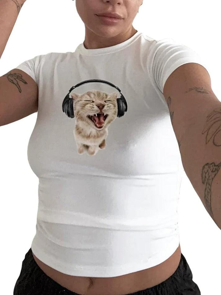 Vintage kattenprint slank crop-T-shirt met korte mouwen