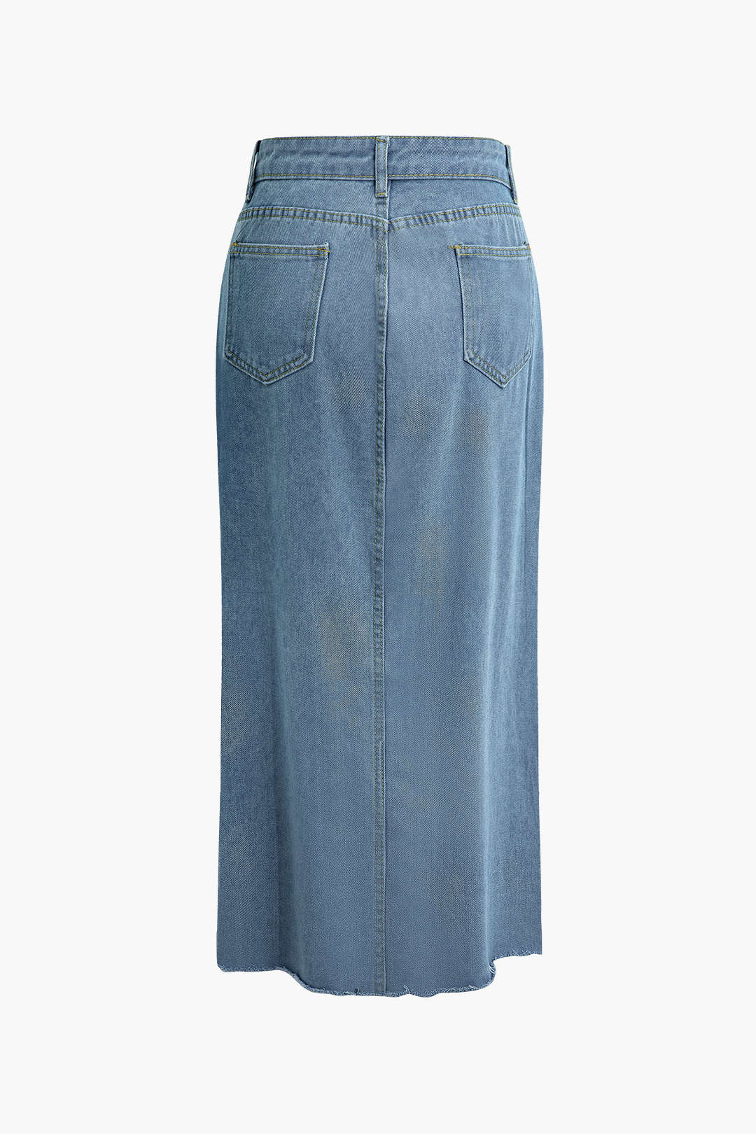 Denim midi-rok met wikkelsplit en label