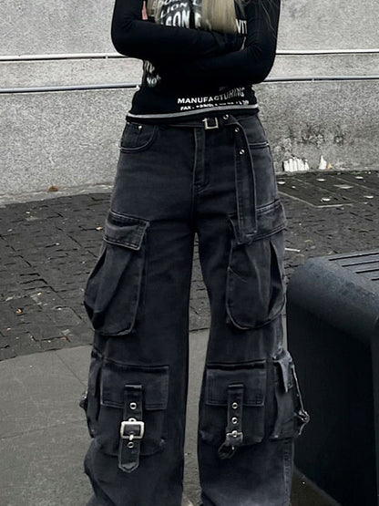 Black Vintage Multi Pockets Cargo Jeans