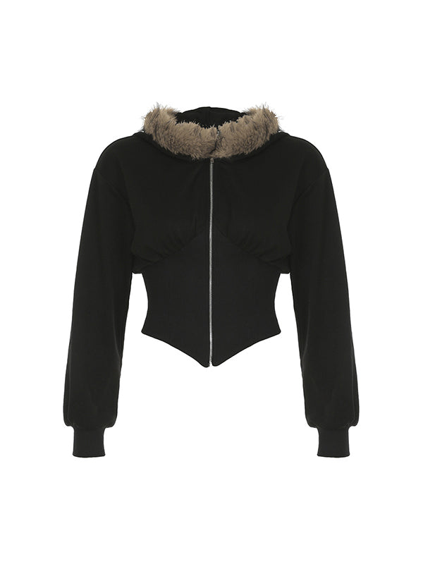 Black Y2k Fur Collar Irregular Stitching Coat