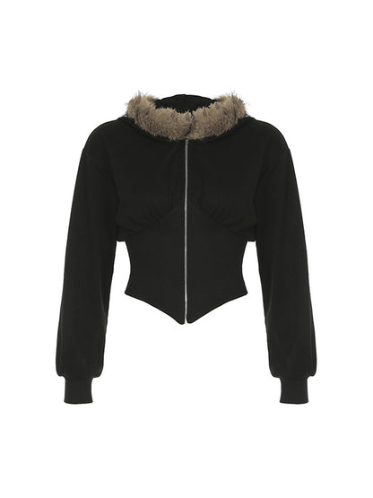 Black Y2k Fur Collar Irregular Stitching Coat