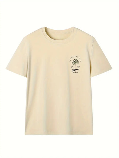 Beige vintage T-shirt met ronde hals en kokospalmprint 